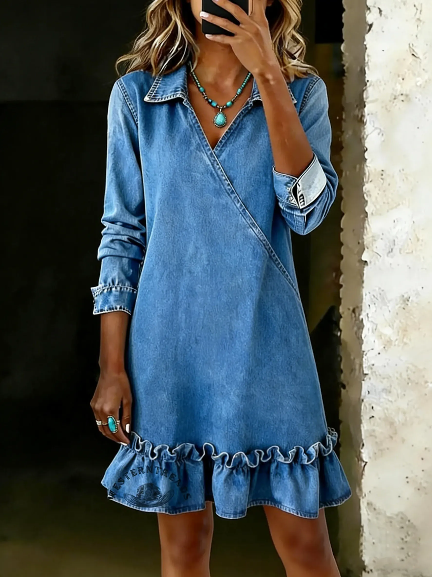 Women's Vintage V-Neck Ruffle Hem Long-Sleeve Denim Dress