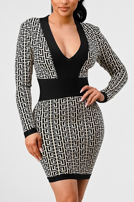 Nina's Black & White Print Bandage Mini Dress