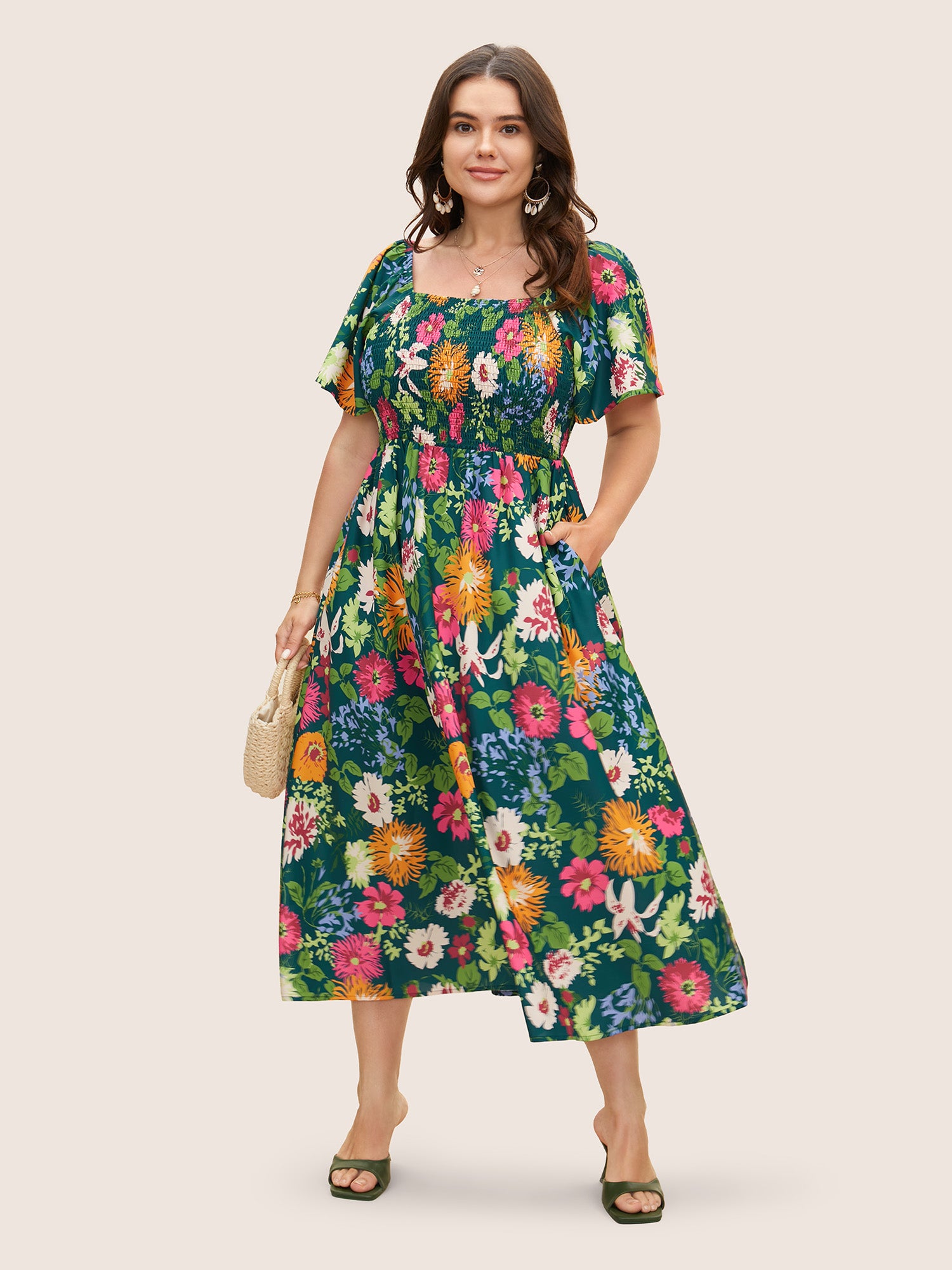 Floral Shirred Square Neck Pocket Midi Dress