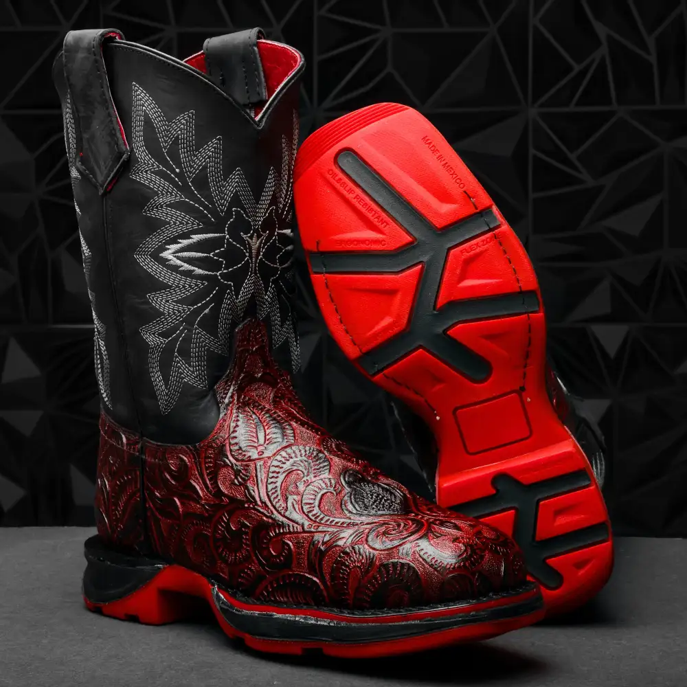 Black Cherry Hand-Tooled Leather Boots With 3D Lightweight Sole - Composite Toe