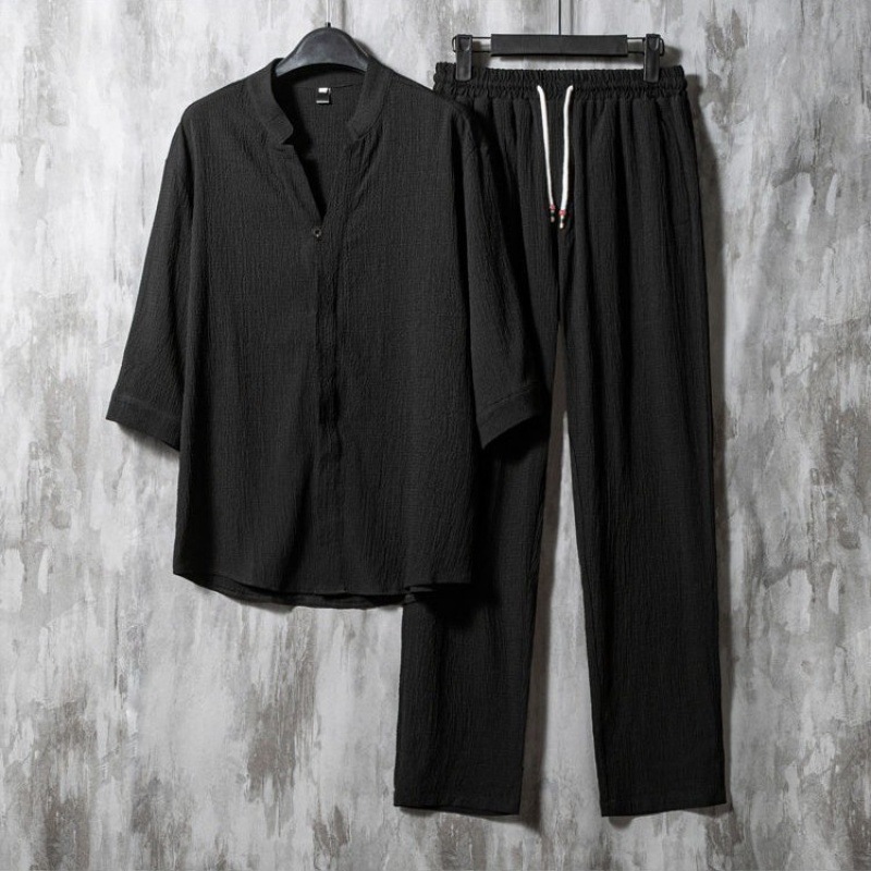 Vintage Linen Solid V-neck Half Sleeves Shirt And Pants Two-piece Set