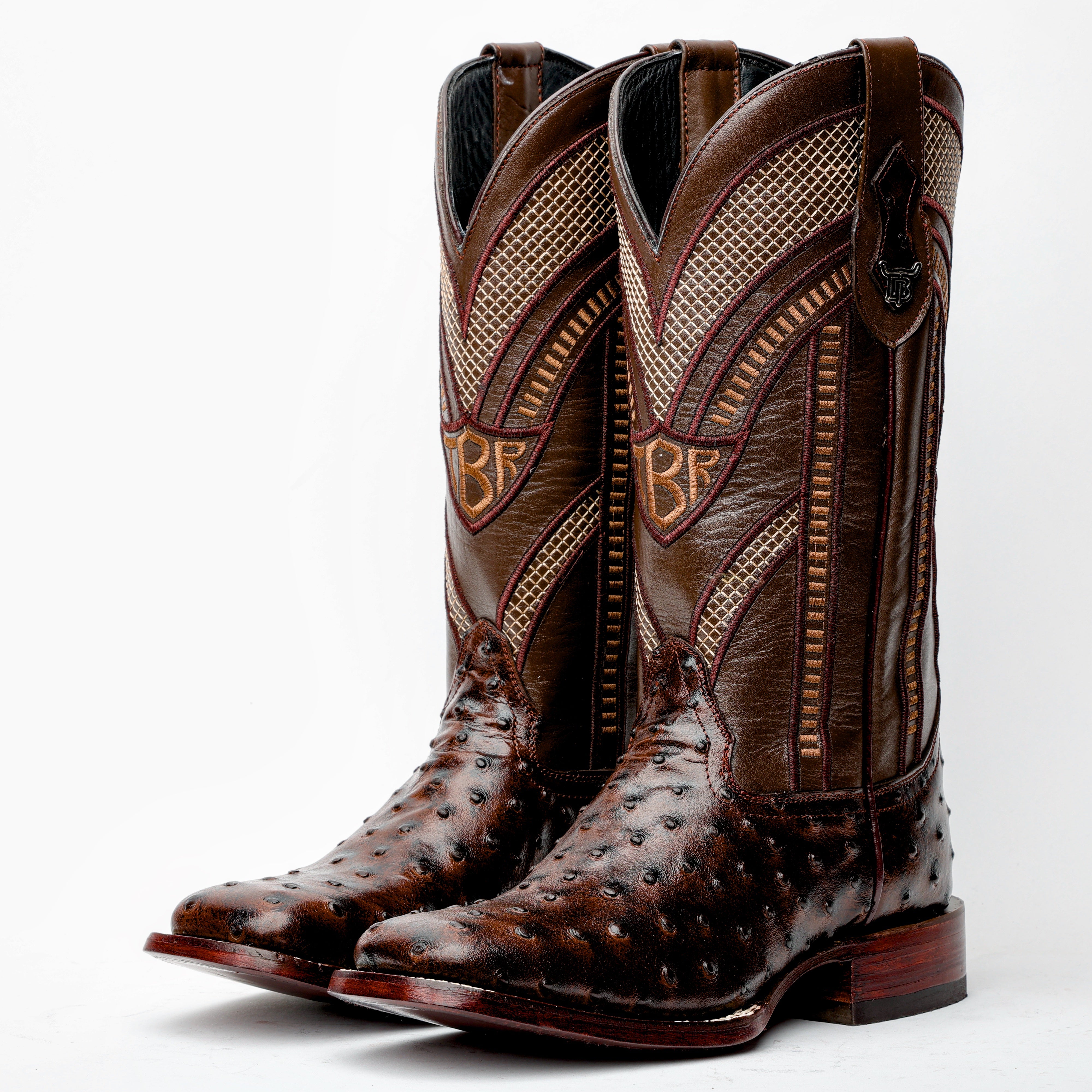 Chocolate Brown Ostrich Leather Boots - Square Toe