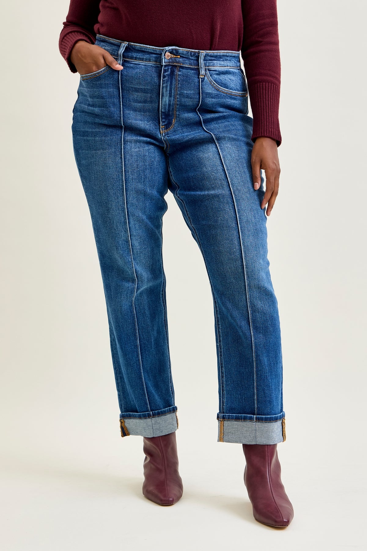 Sally High Rise Front Seam Detail & Cuffed Straight Fit Jeans - PLUS