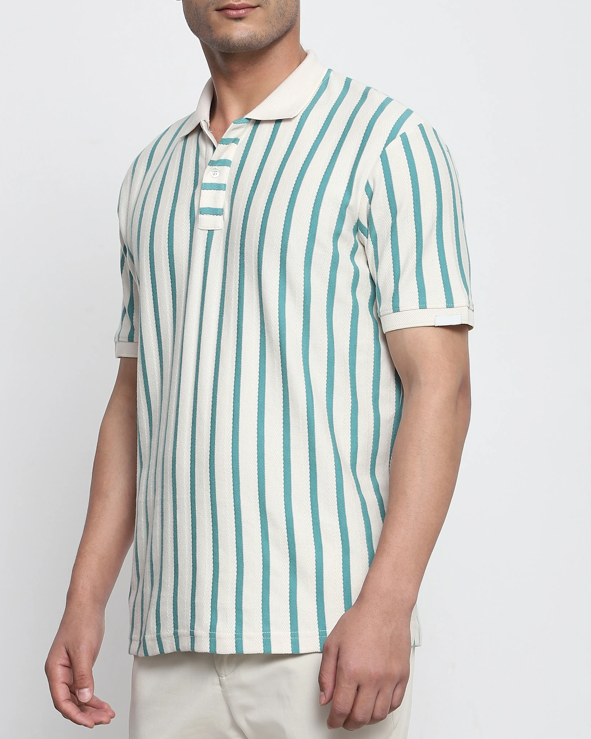 Daily Simple Teal Striped Textured Polo Shirt