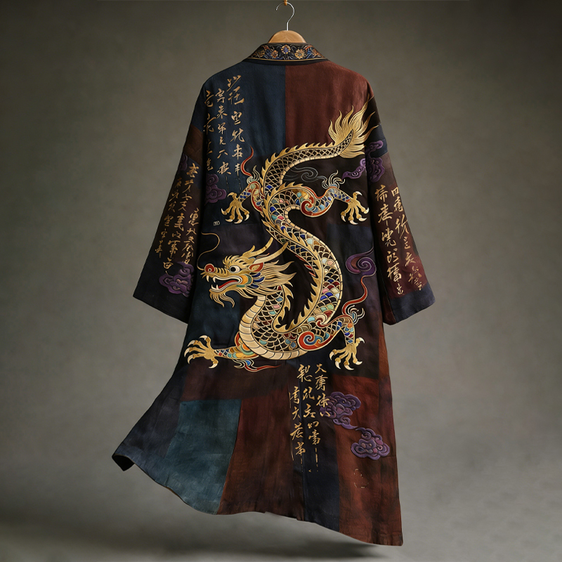 Men's Vintage Japanese Calligraphy Dragon Art Pattern Linen Blend Kimono