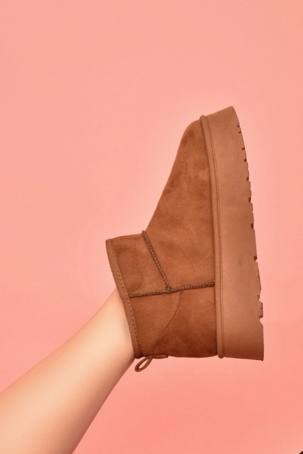 Suede Round Toe Platform Booties in Caramel