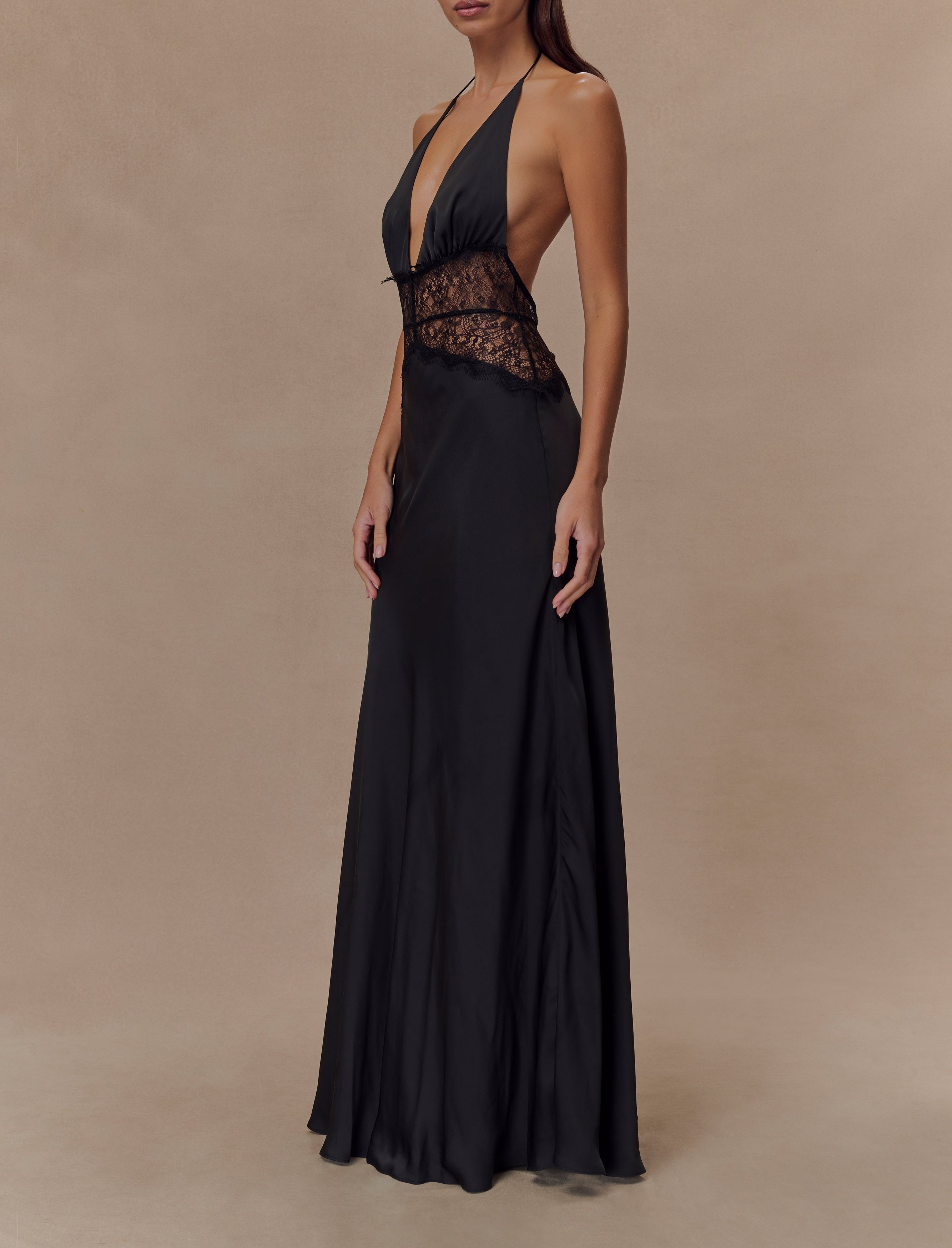 Black Lace And Satin Maxi Dress