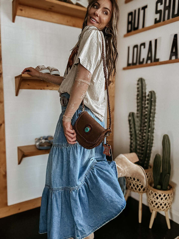 Bohemian A-Line Tiered Denim Maxi Skirt