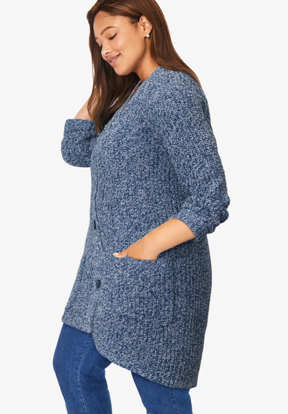 Button-Front Shaker Cardigan