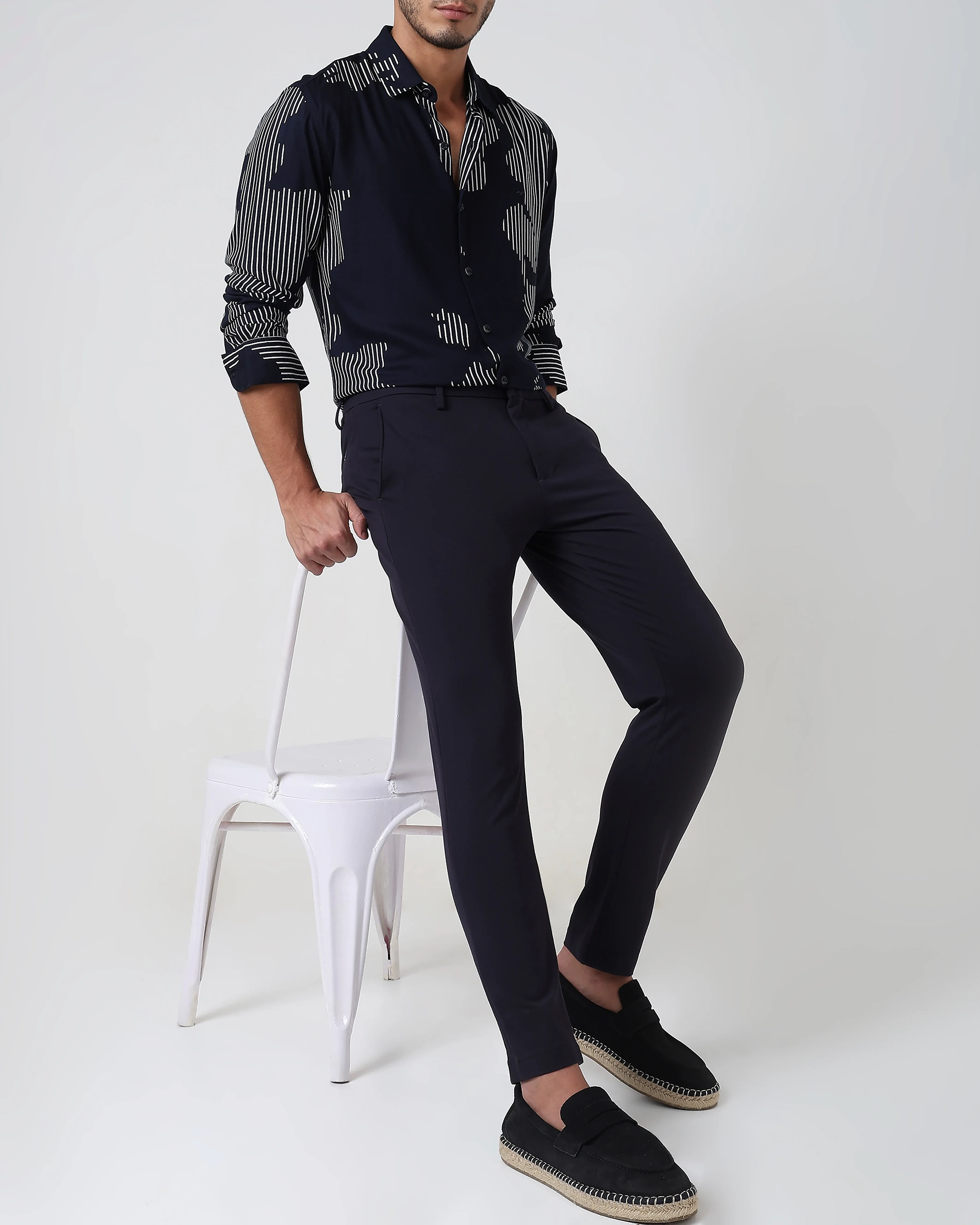 Classic Versatile Soft Slim-Fit Straight-Leg Navy Trousers