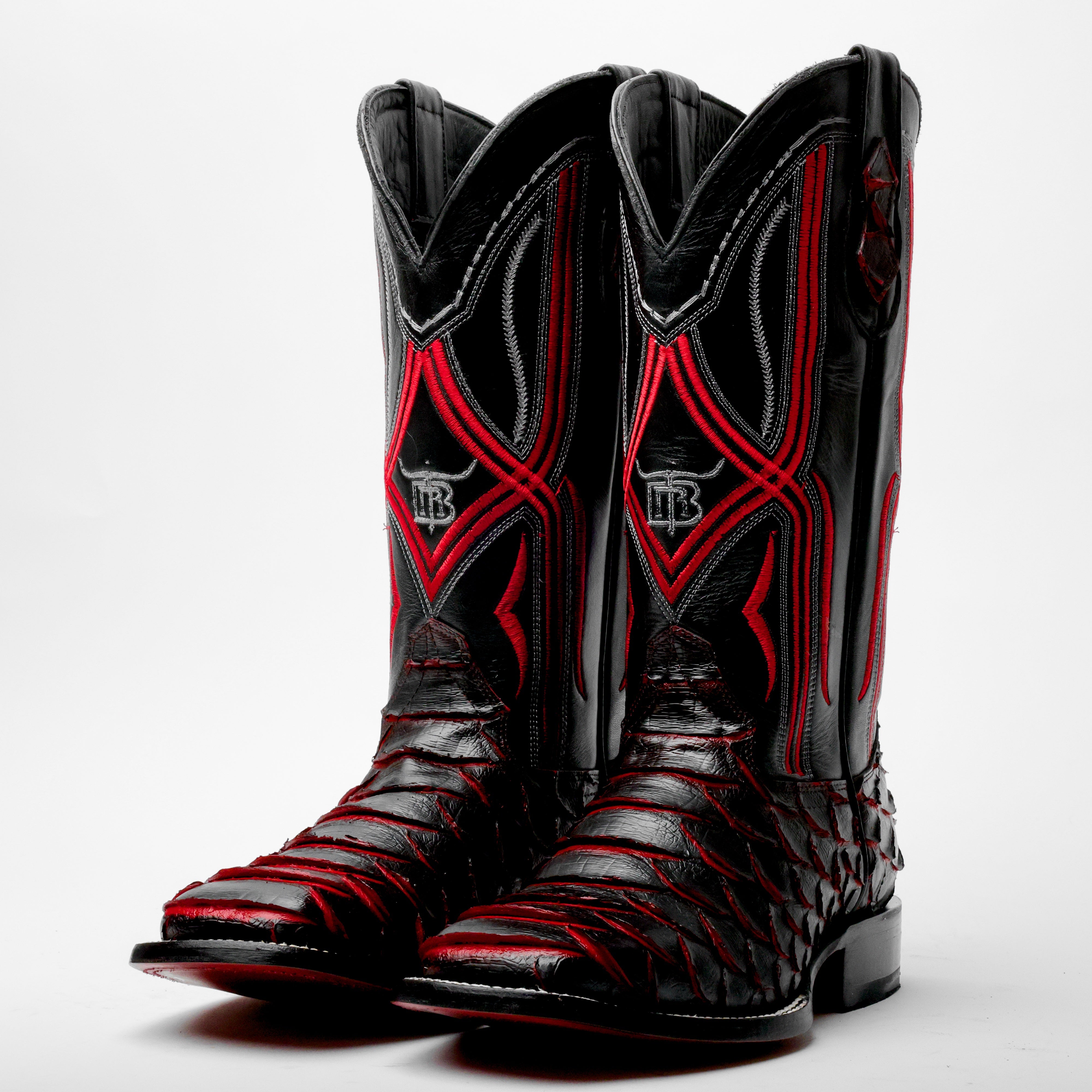 Black/Red Jumbo Python Leather Boots - Square Toe