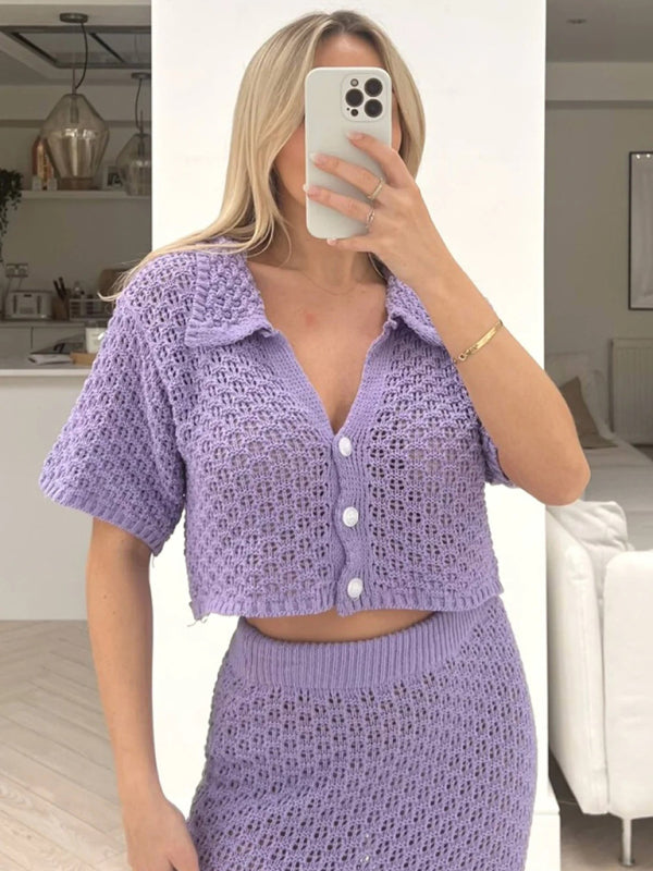 Knitted Crochet Multicolor Cardigan Button Skirt All-match Set Dress