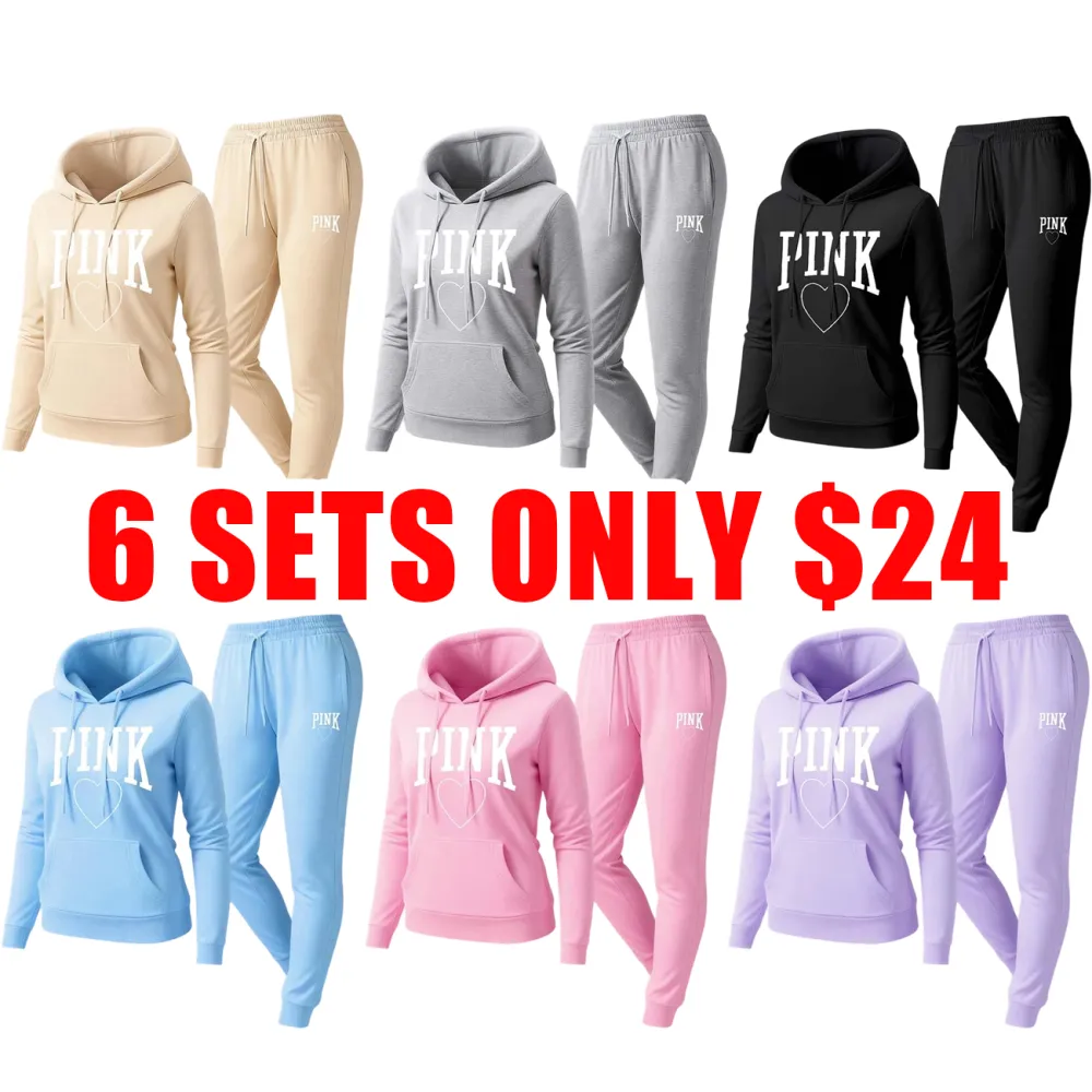 Women’s Pink Heart Print Hoodie & Drawstring Sweatpants Set