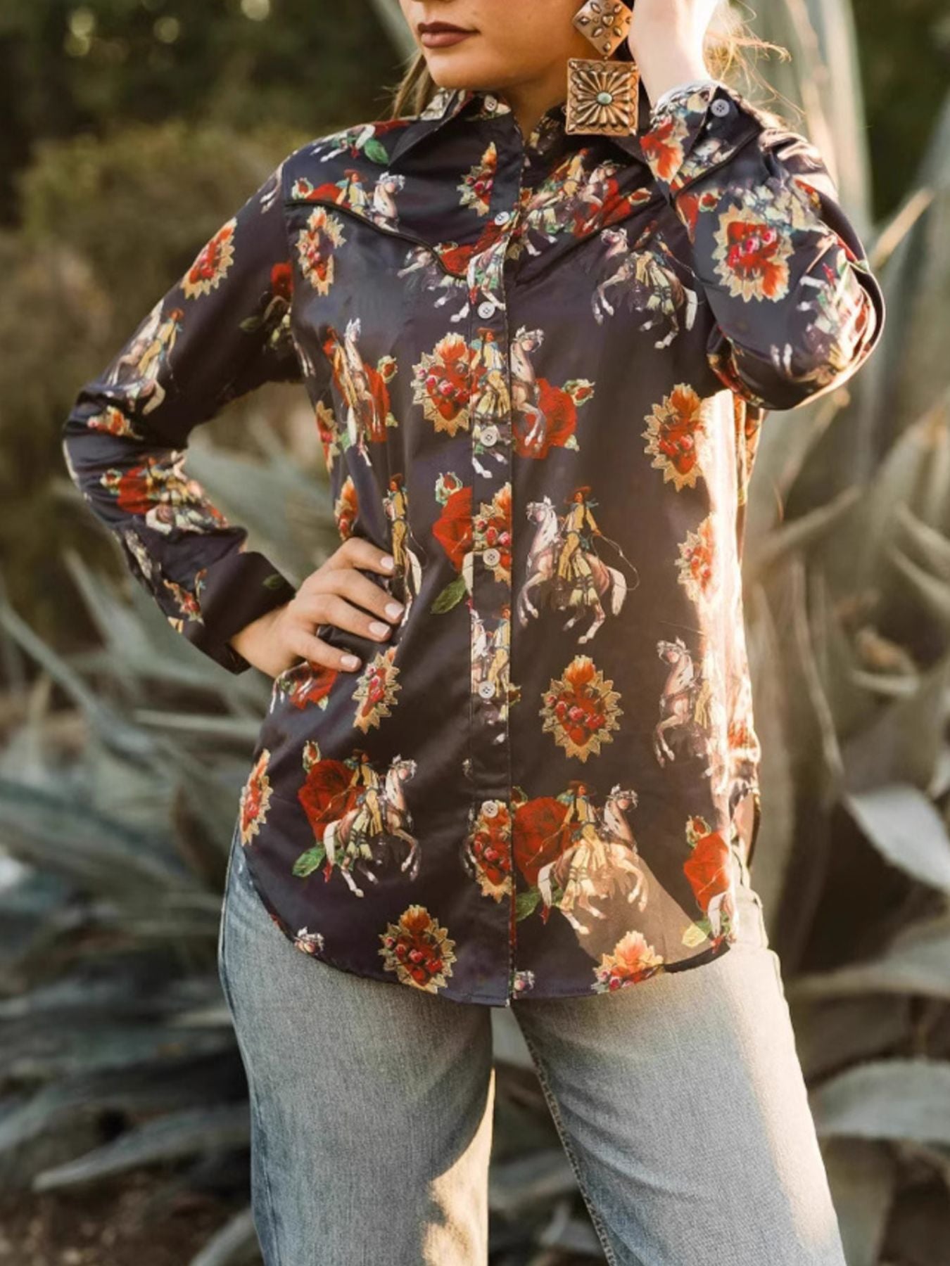 Printed Button Up Long Sleeve Shirt