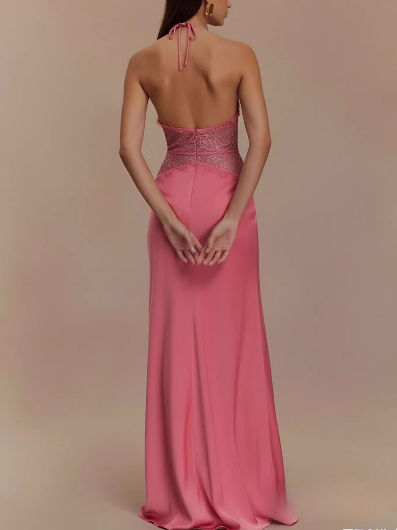 Halter Neck Lace Trimmed Maxi Dress