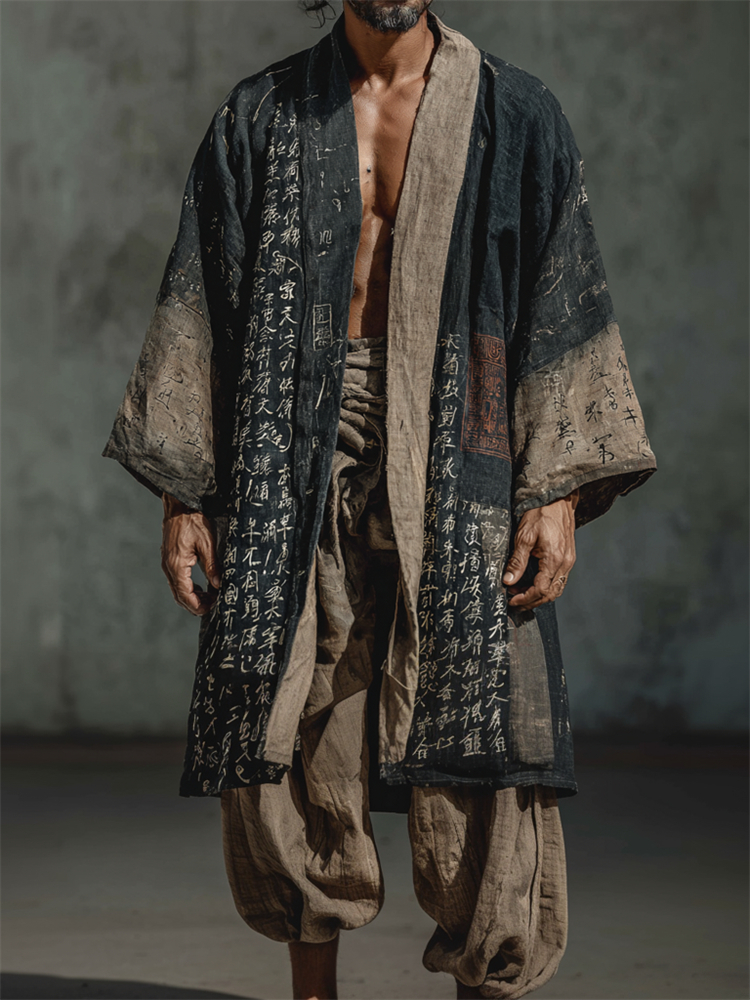 Men's Japanese Calligraphy Art Vintage Linen Long Kimono