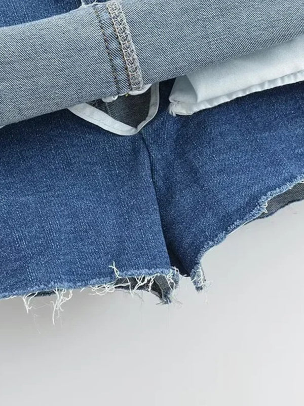 High-Waist Elastic Slim-Fit Distressed Edge A-Line Denim Mini Skirt