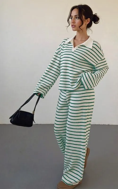 Women's casual color-block striped two-piece set