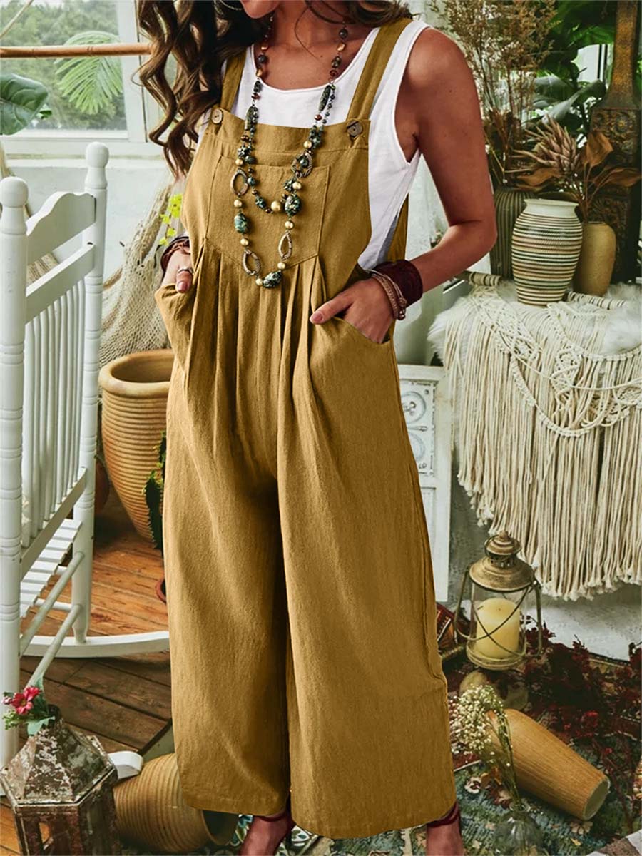 Women's Solid Color Sleeveless Pocket Casual Linen Cotton Bib Wide Leg Jumpsuit
