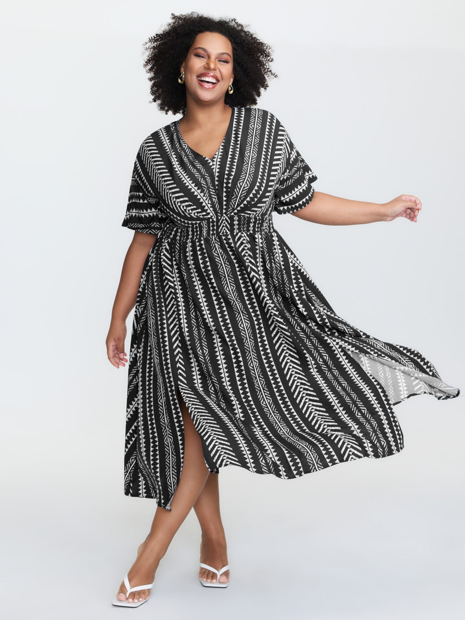 Solid Geometric Dolman Sleeve Pocket Shirred Split Hem Dress