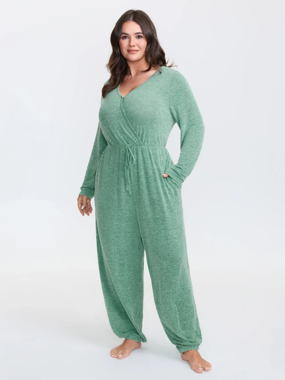 Soft Fitted Lounge Jumpsuit with Tie Neck & Side Pockets