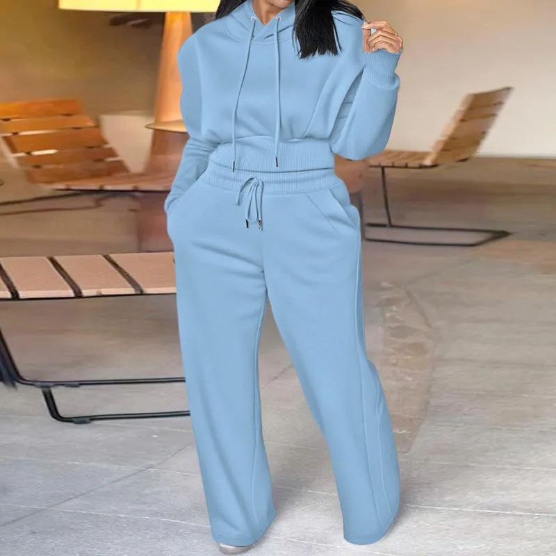 Hooded Long Sleeve Sweatshirt and Casual Wide Leg Sweatpants Set