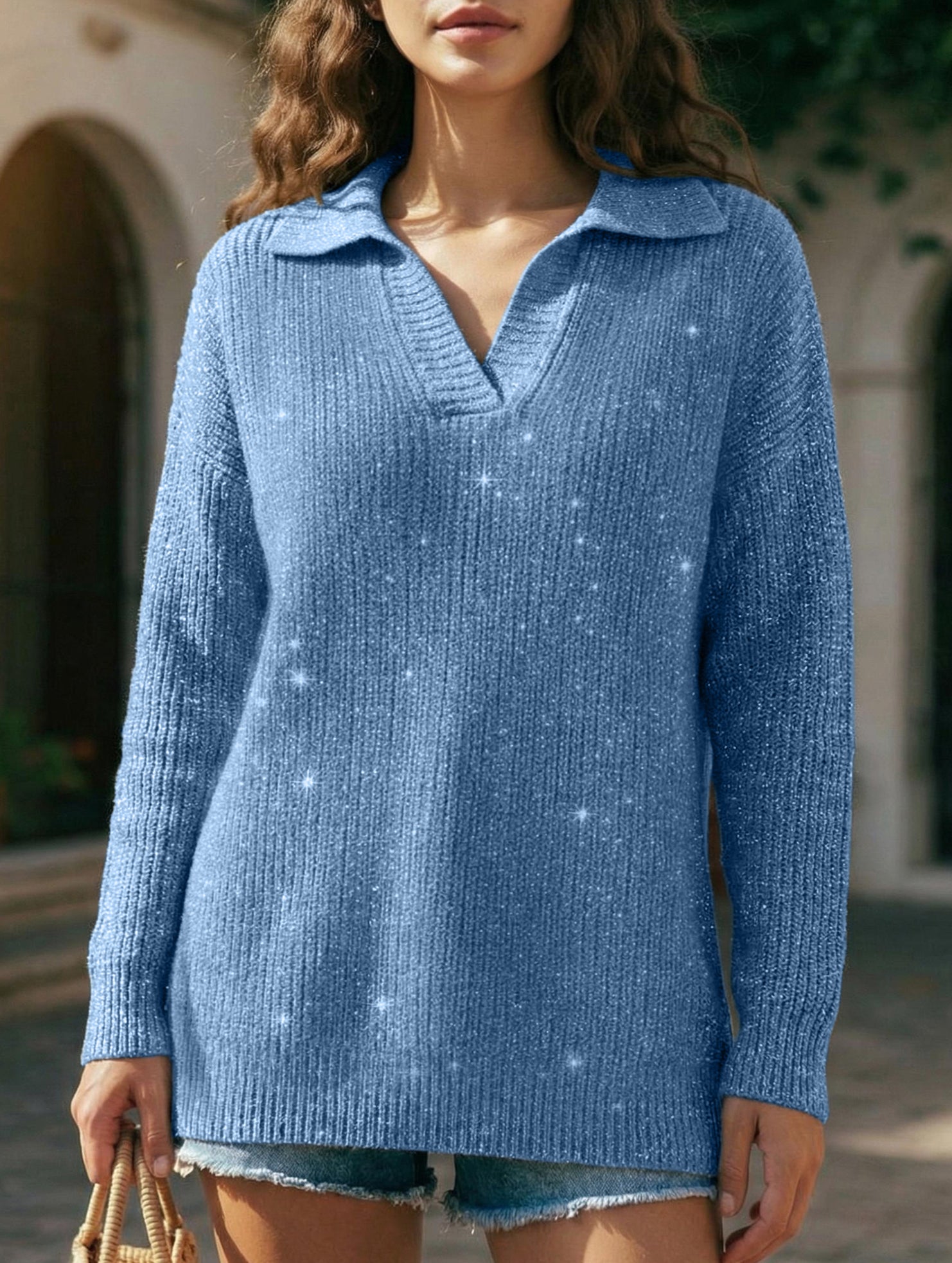 Loose-fitting, silver-threaded, sparkly T-shirt_CWOSWL09205