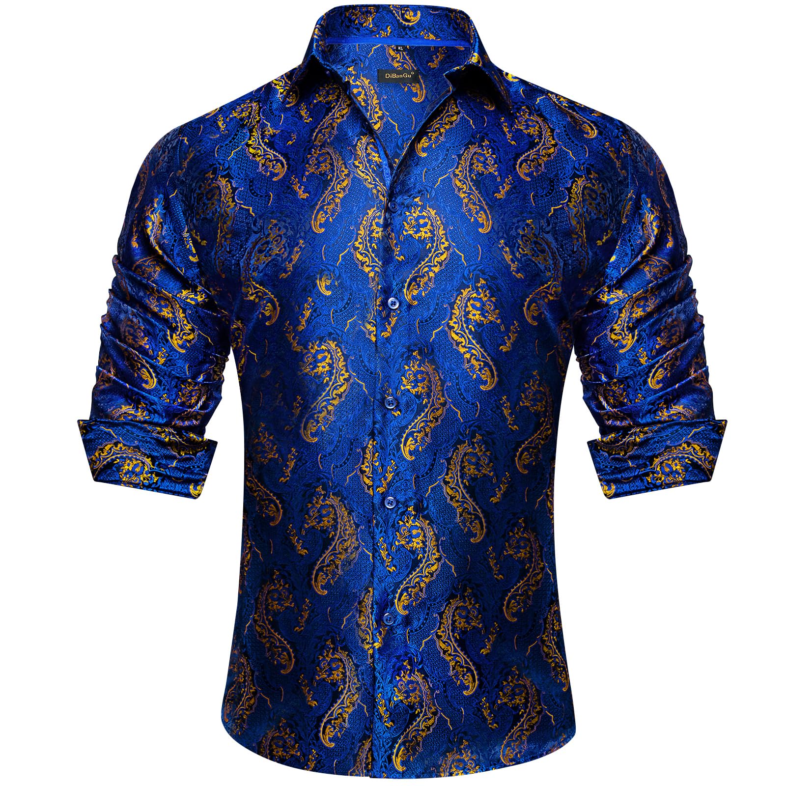 Men's Paisley Dress Shirt Long Sleeve Wrinkle Free Button Down Cowboy Shirts - Gold&blue&paisley