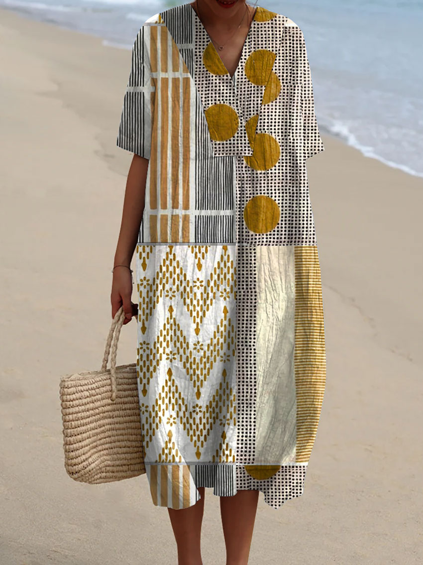 Women's Vintage Abstract Geometry Art Print Casual Cotton And Linen 3/4 Sleeve Shirt