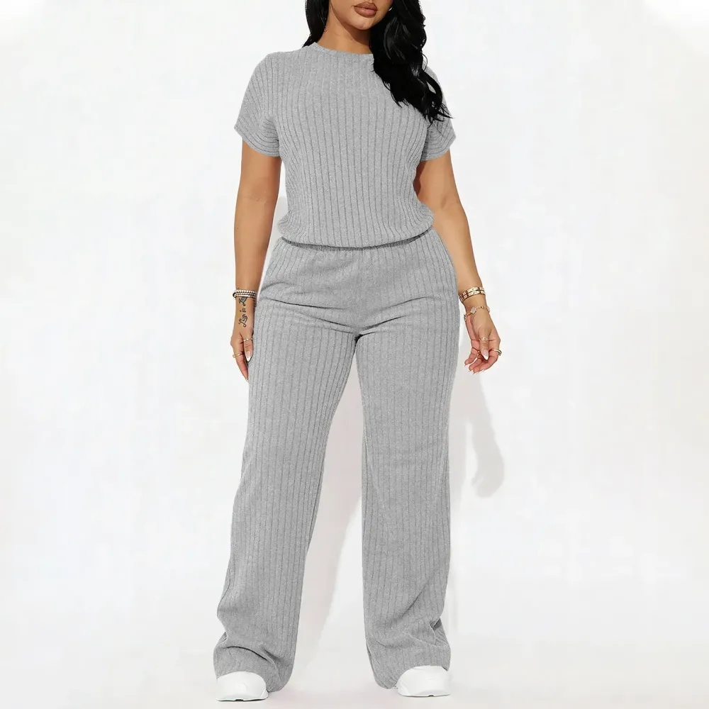 Women's Solid Shortsleeve Crewneck Ribbed Top & Wide Leg Pants Minimalist Casual Fitted