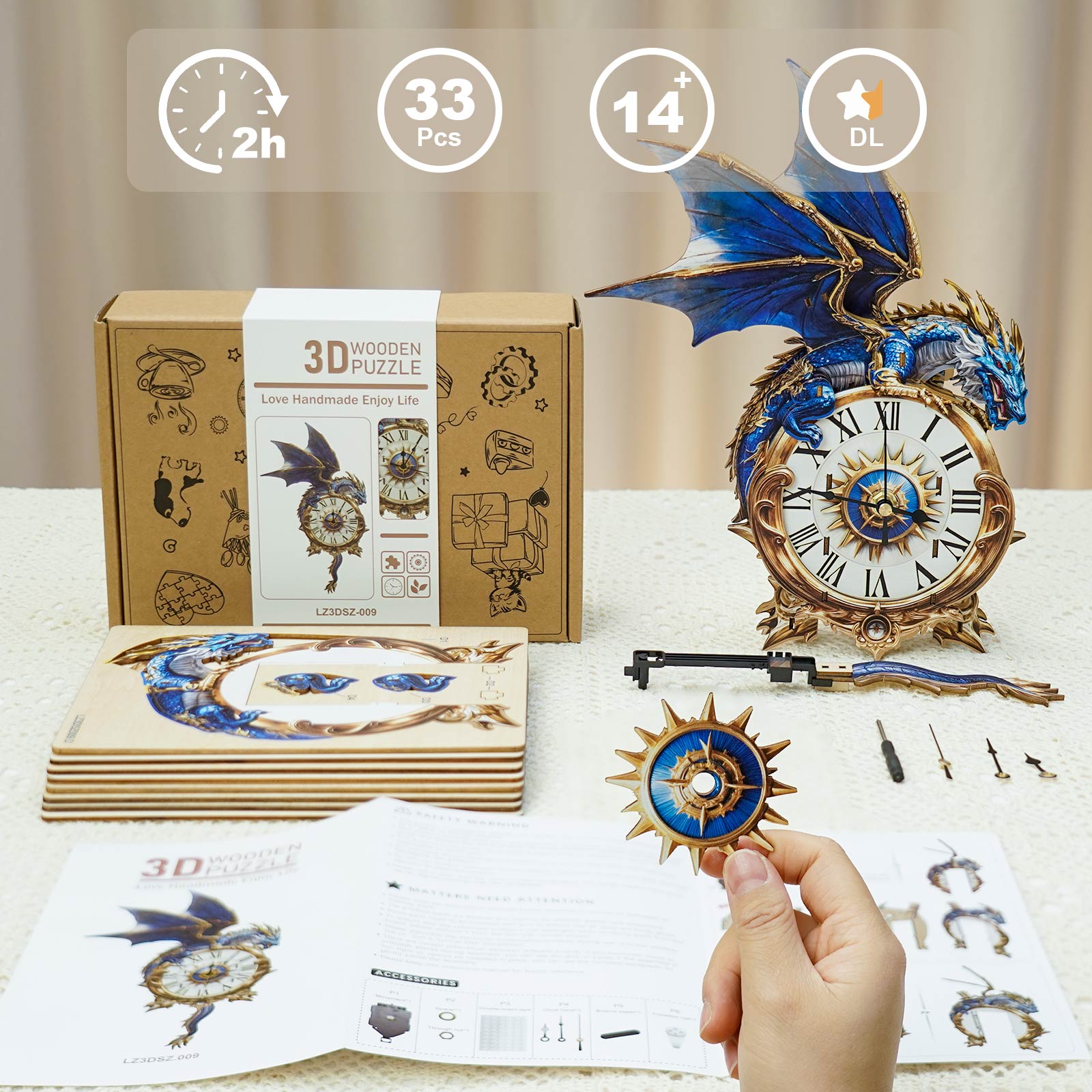 Blue Dragonâ€“ DIY Wooden Clock, 3D Puzzle Craft Kit