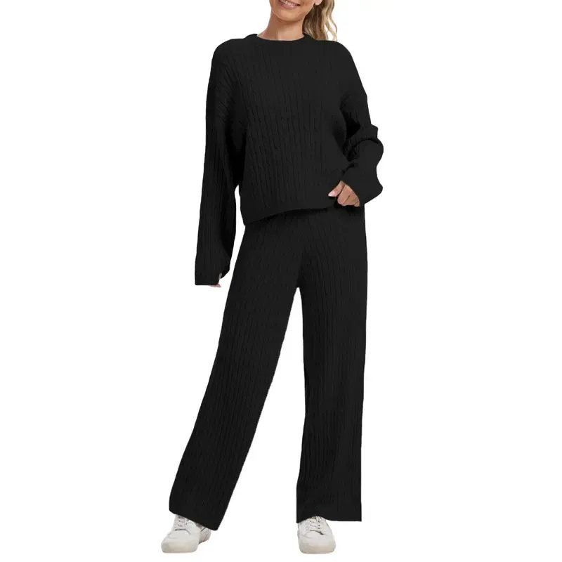 Women's Cable KnitBLACK FRIDAYSweater Lounge Set-Long Sleeve Pullover Top &High-Waisted Wide Leg Pants, Cozy 2-PieceOutfit for Fall & Winter