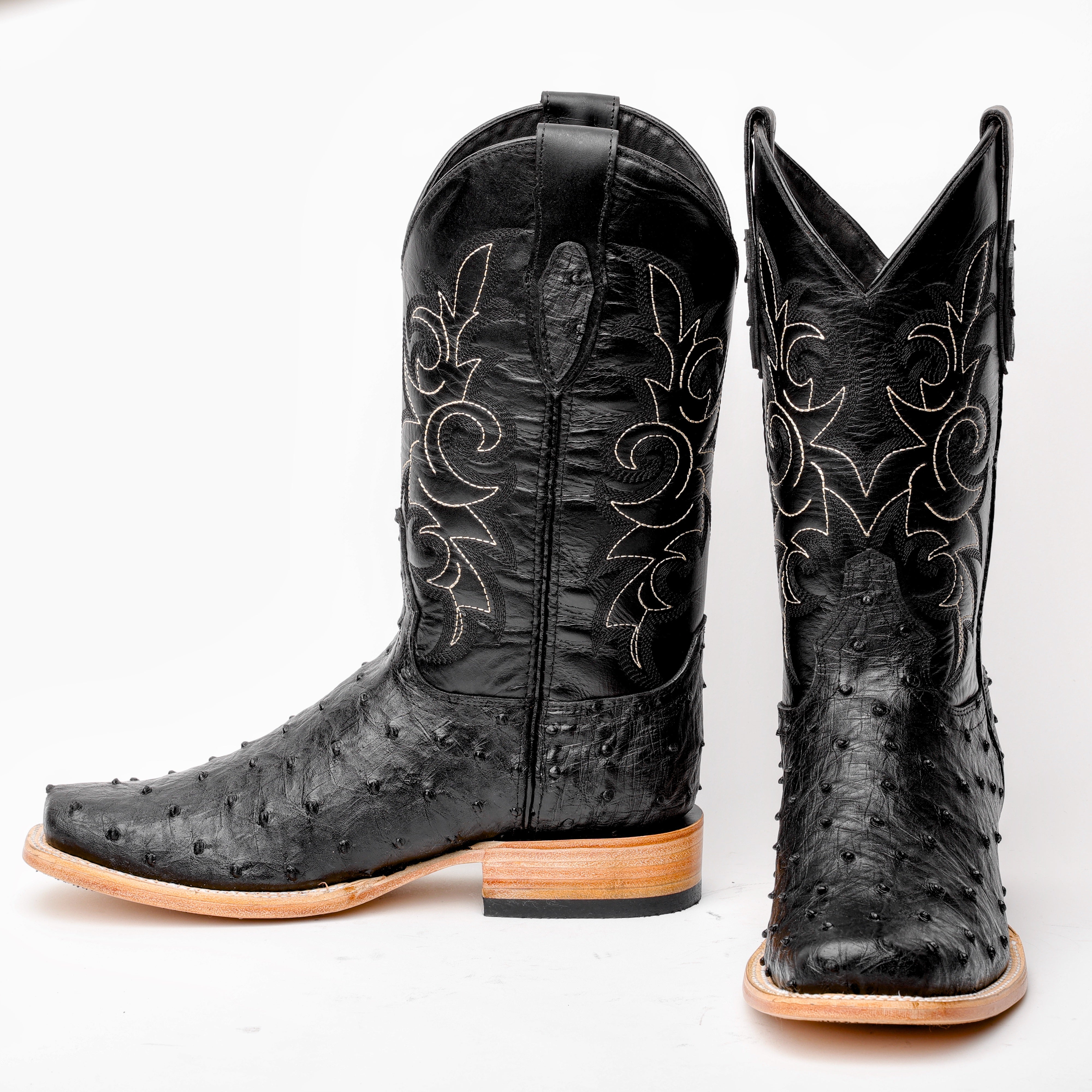 Black Ostrich Leather Boots - Rodeo Toe