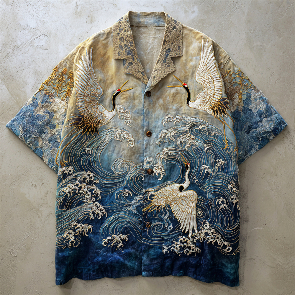 Vintage Japanese Crane Ocean Art Men's Linen Short Sleeve Shirt