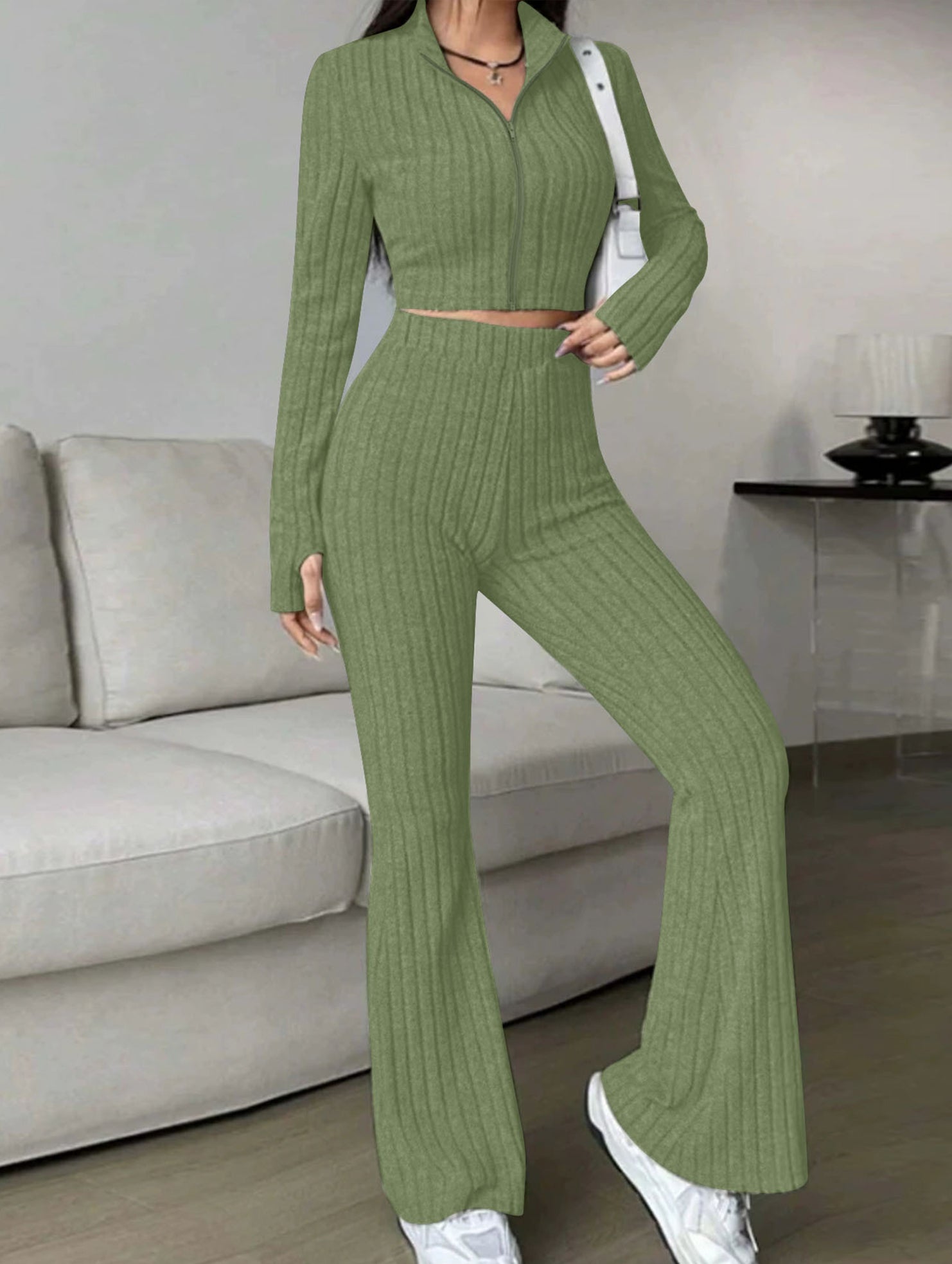 Women's Ribbed Cardigan High Waist Flare Pants Suit_CWSS01459