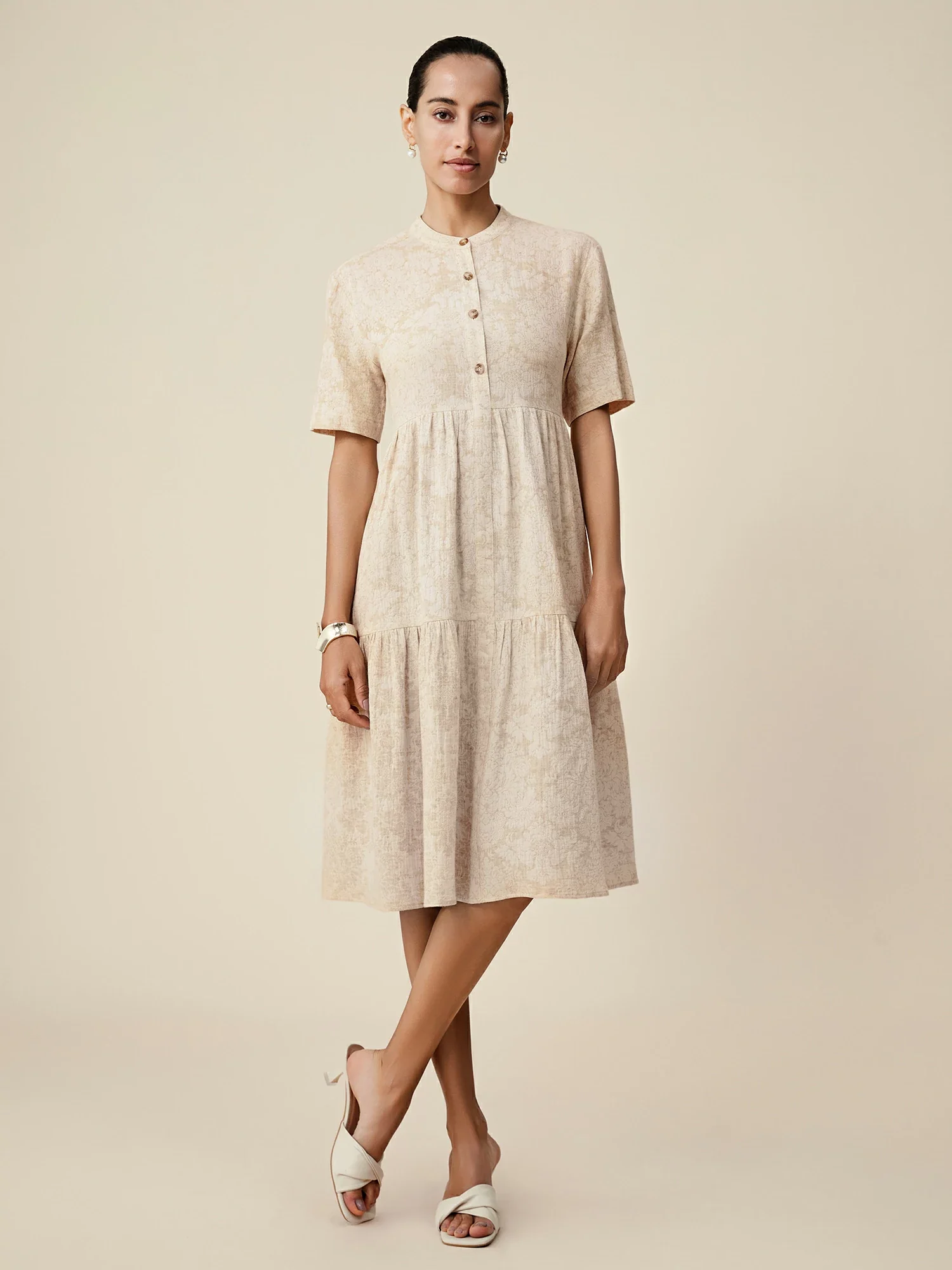 Cotton & Linen Stand Collar Short Sleeve Loose Ruffle Dress