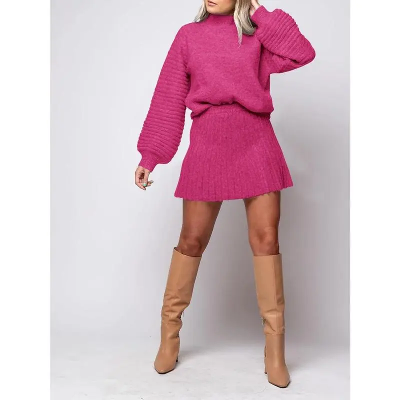 Women's long-sleeved sweater and mini skirt two-piece set