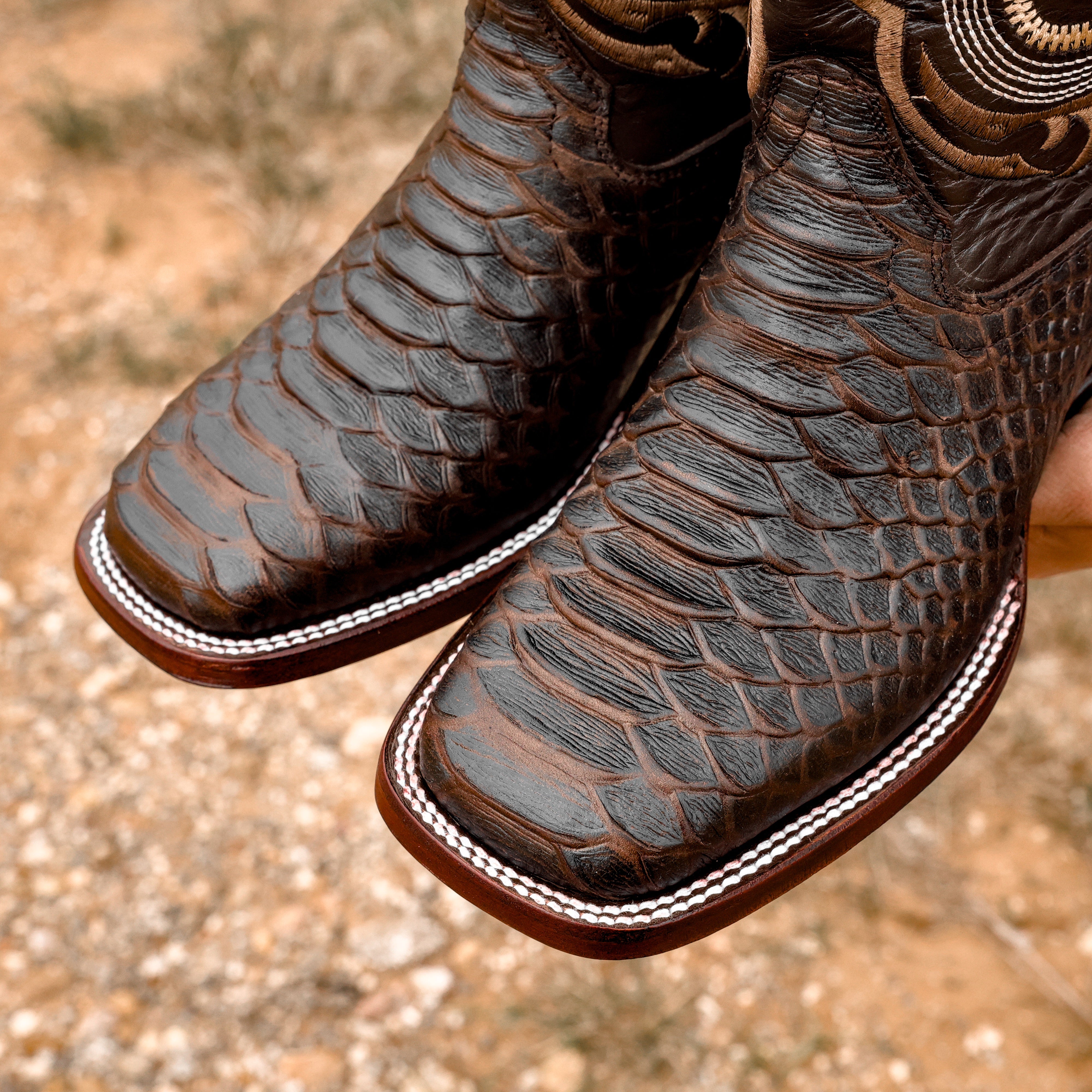 Matte Brown Python Leather Boots - Square Toe