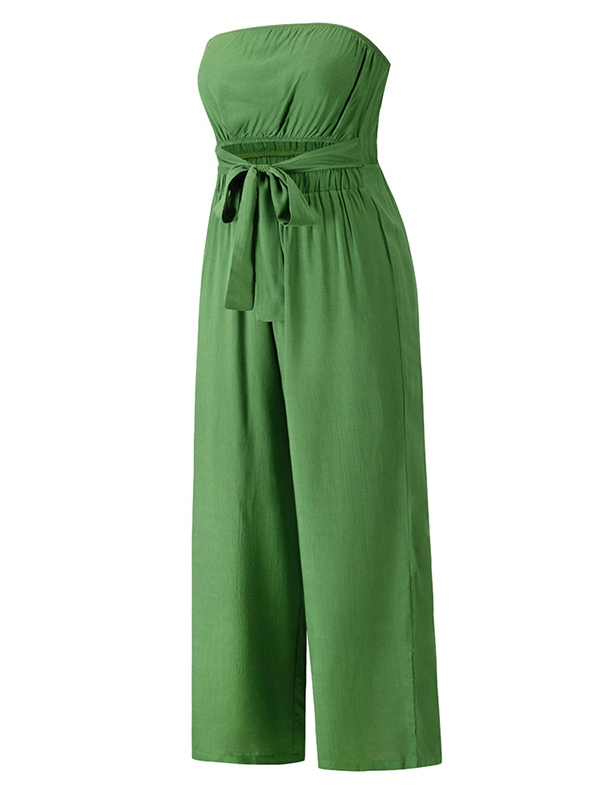 Original Cold Shoulder Tied Solid Color Straight Leg Jumpsuits