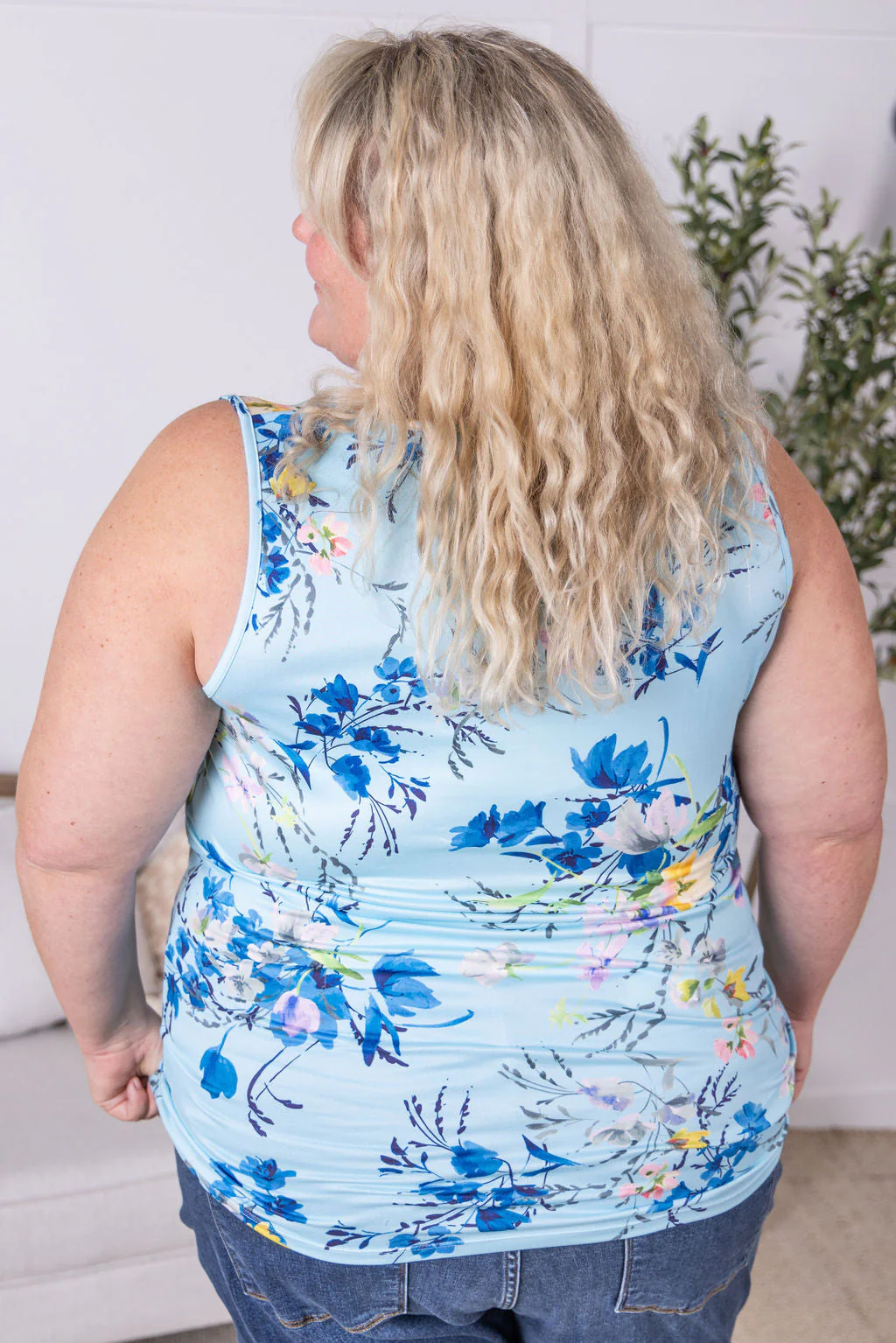 Luxe Crew Tank Top in Light Blue Floral Bliss