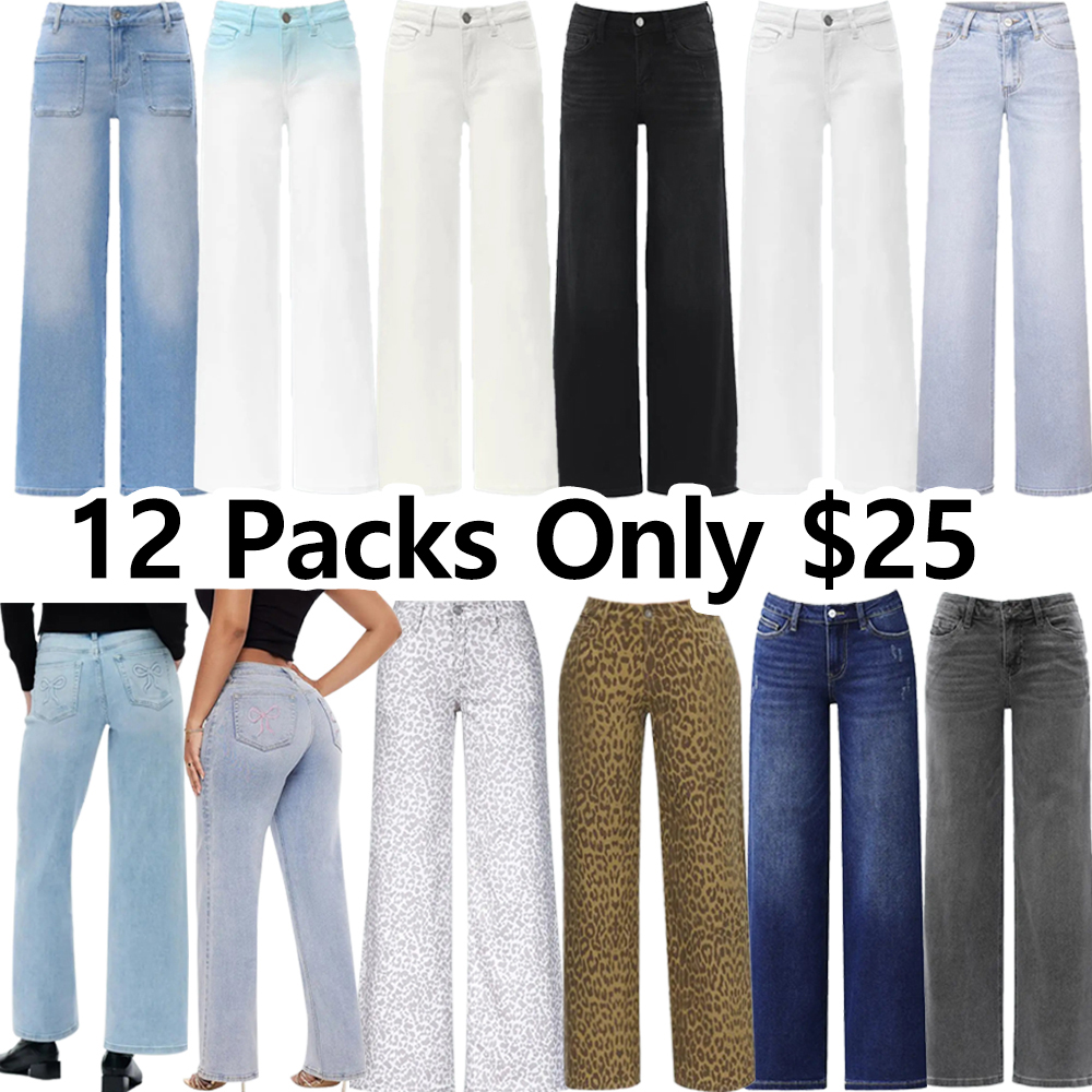 Women's Stretchy Wide Leg Baggy Jeans – Mid-Low Rise Distressed Denim, Tummy Control, Curve Hugging, Plus Size