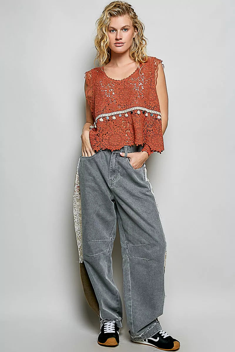 POL Lace Trim Openwork V-Neck Crochet Tank with Scalloped Edge