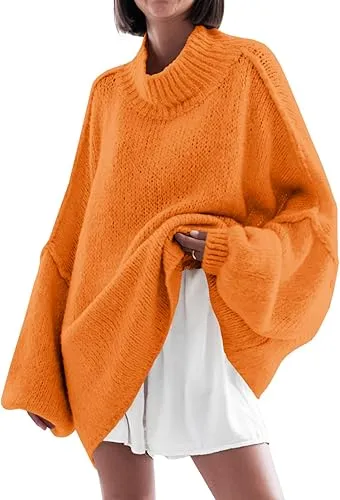 ✨Womens Oversized Mock Neck Batwing Long Sleeve Ribbed Knit Casual Tunic Sweater🔥