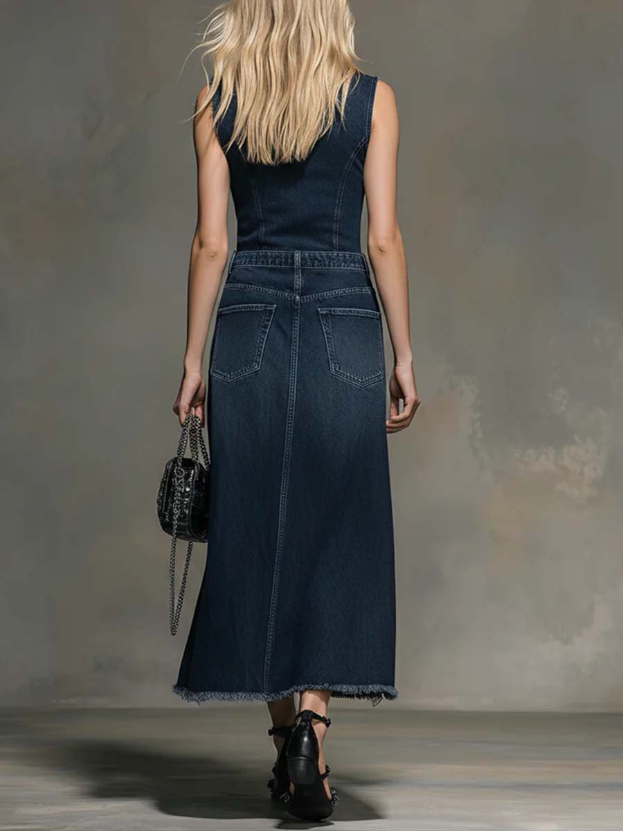 Women's V-neck sleeveless denim top and high-waisted casual loose denim skirt set