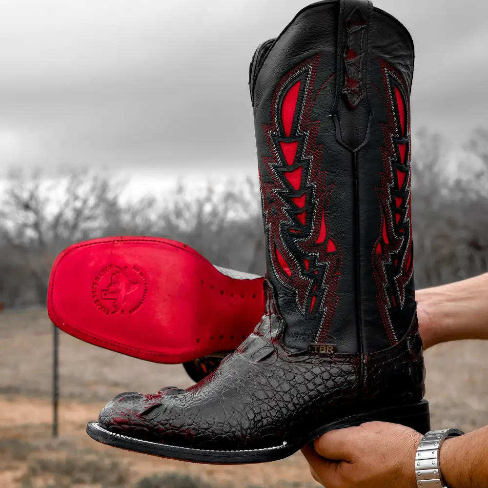 Black Cherry Caiman Neck Leather Boots - Square Toe