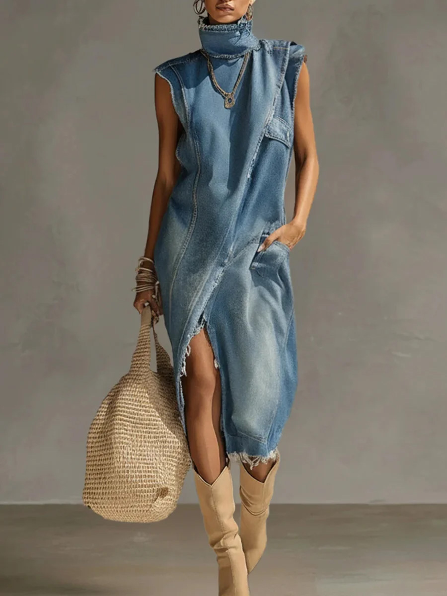 Women's Stand-collar Sleeveless Casual Loose Denim Dress