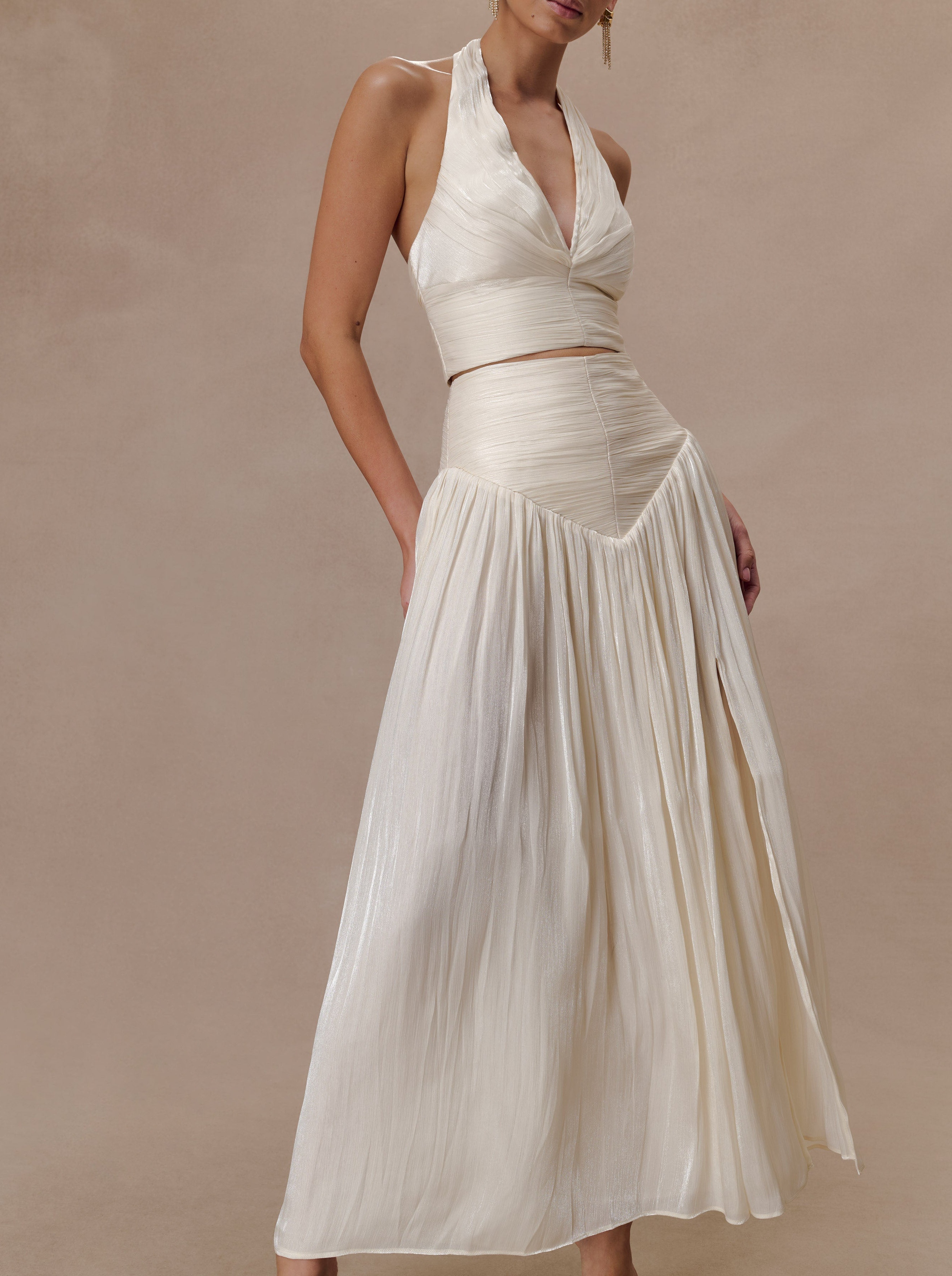 White Gathered Midi Skirt