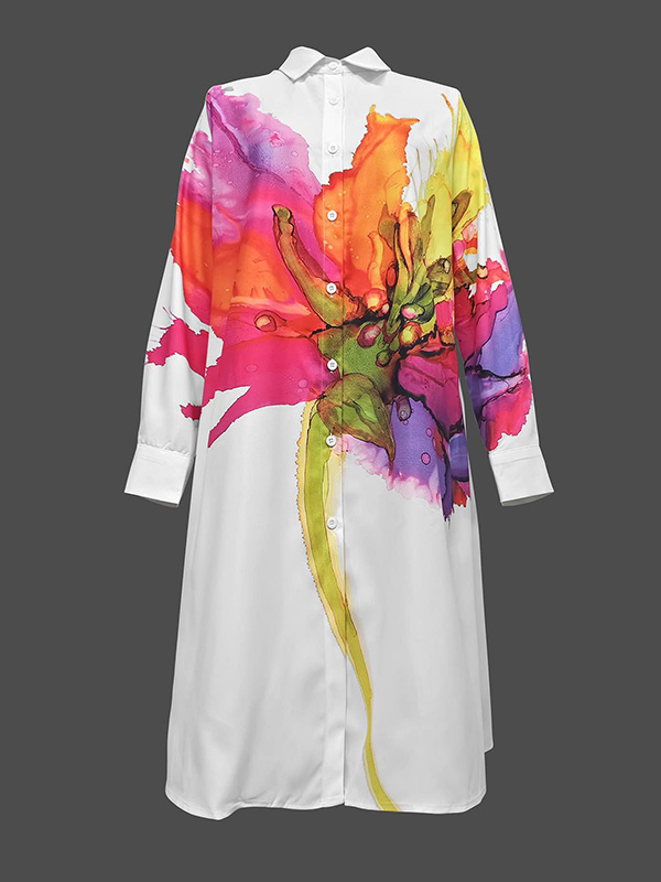 Long Sleeves Loose Floral Printed Split-Joint Lapel Midi Dresses Shirt Dress