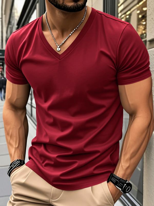 Men's Solid V-Neck Short Sleeve T-Shirt, Soft Breathable Heart-Neck Top, Classic Basic Versatile Tee – Suitable for Daily Wear, Layering & Outdoor Sports, Casual Fashion Must-Have for Men