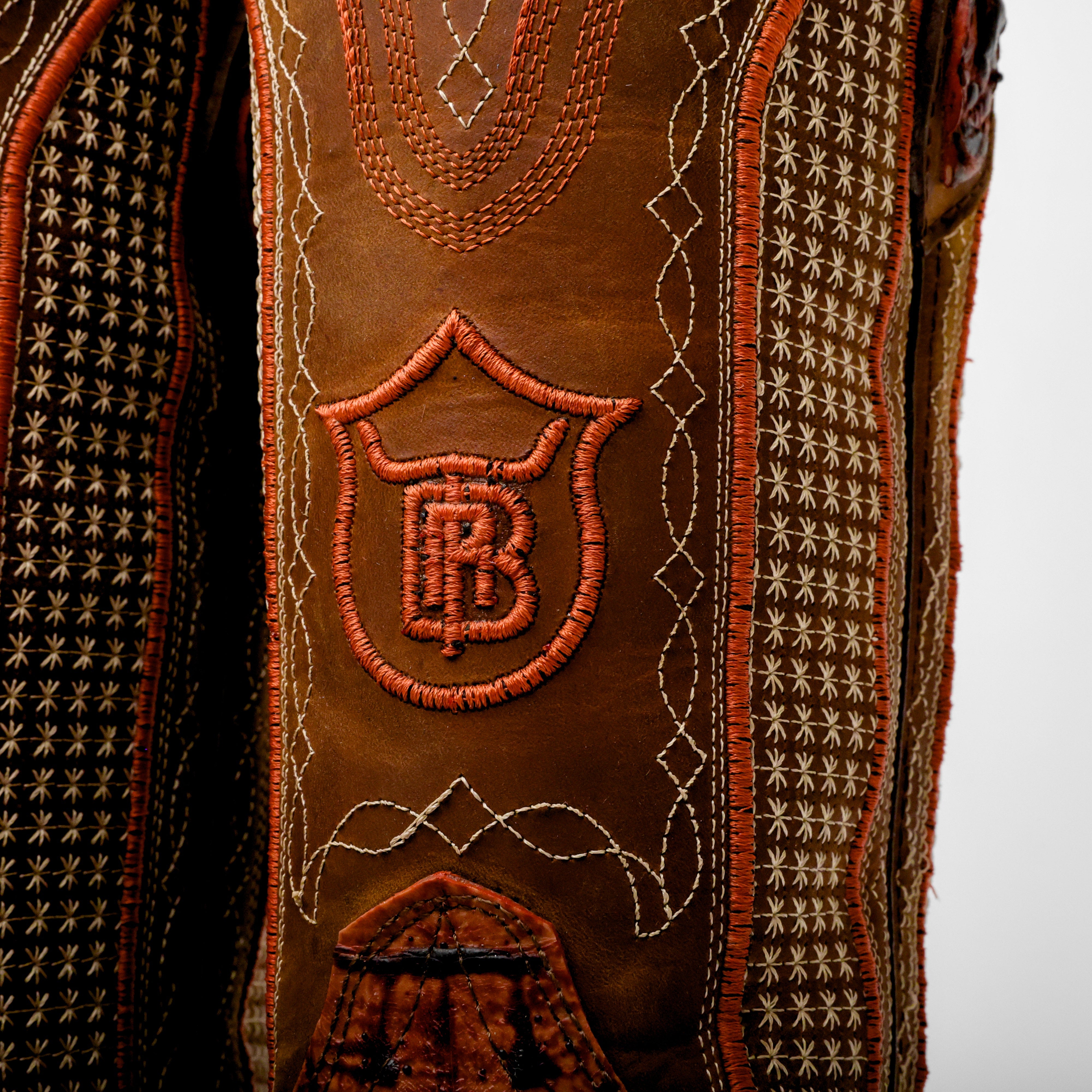 Cognac Caiman Neck Leather Boots - Square Toe